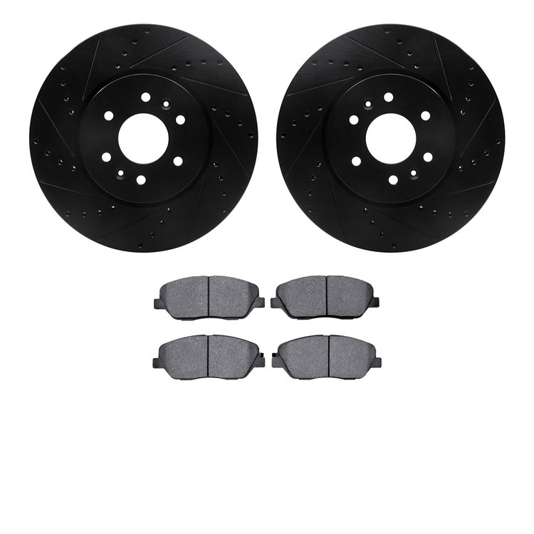 8502-21031 Drilled/Slotted Brake Rotors w/5000 Advanced Brake Pads Kit [Black], 2009-2010 Kia/Hyundai/Genesis, Position: Front