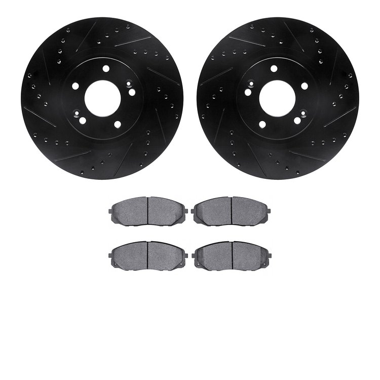 8502-21032 Drilled/Slotted Brake Rotors w/5000 Advanced Brake Pads Kit [Black], 2015-2021 Kia/Hyundai/Genesis, Position: Front