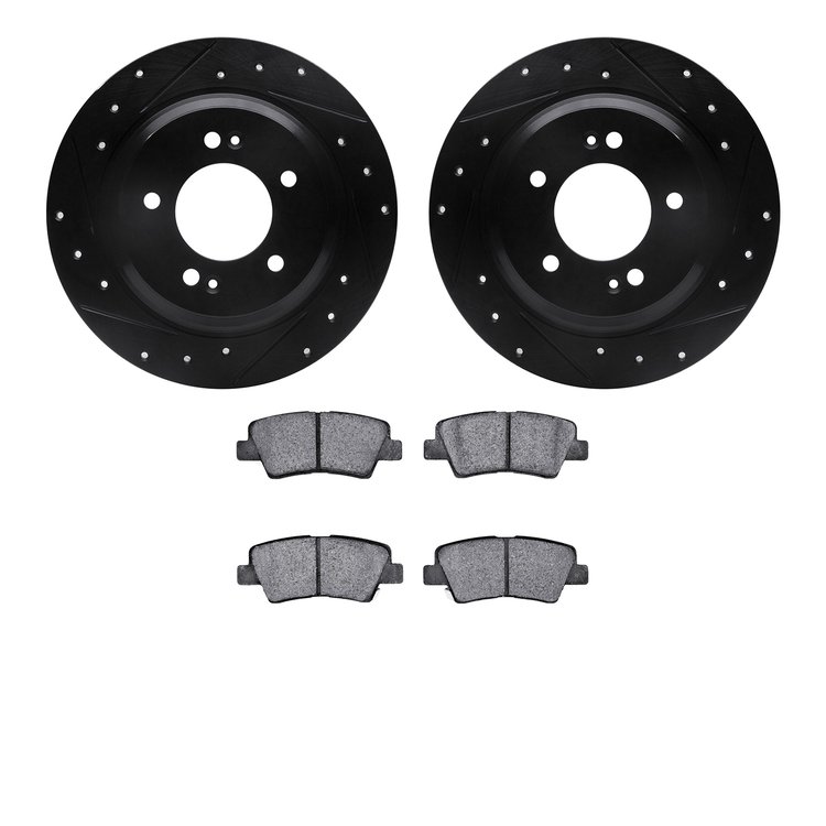 8502-21033 Drilled/Slotted Brake Rotors w/5000 Advanced Brake Pads Kit [Black], Fits Select Kia/Hyundai/Genesis, Position: Rear