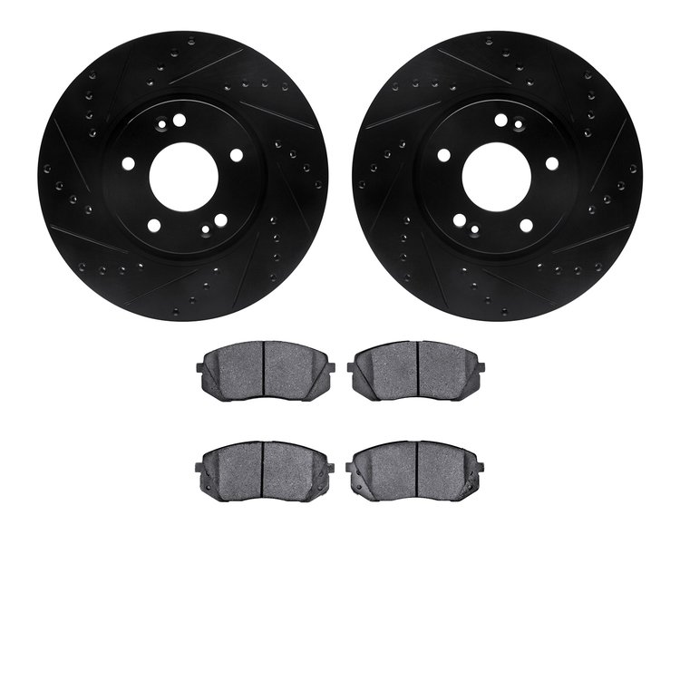 8502-21034 Drilled/Slotted Brake Rotors w/5000 Advanced Brake Pads Kit [Black], 2012-2016 Kia/Hyundai/Genesis, Position: Front