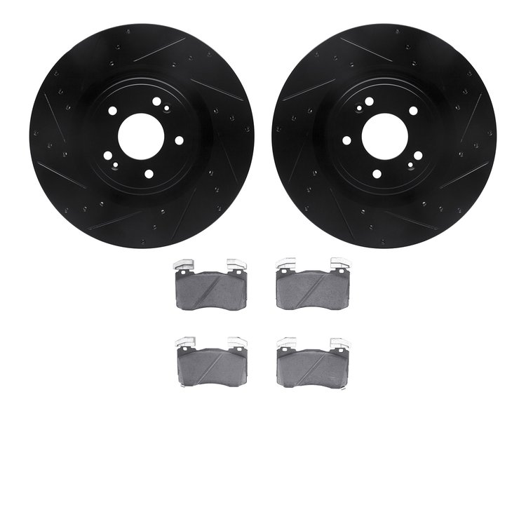 8502-21045 Drilled/Slotted Brake Rotors w/5000 Advanced Brake Pads Kit [Black], Fits Select Kia/Hyundai/Genesis, Position: Front