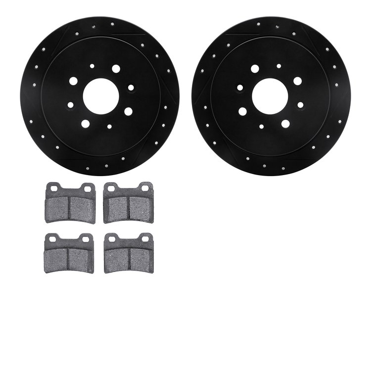 8502-21047 Drilled/Slotted Brake Rotors w/5000 Advanced Brake Pads Kit [Black], 1995-1997 Kia/Hyundai/Genesis, Position: Rear