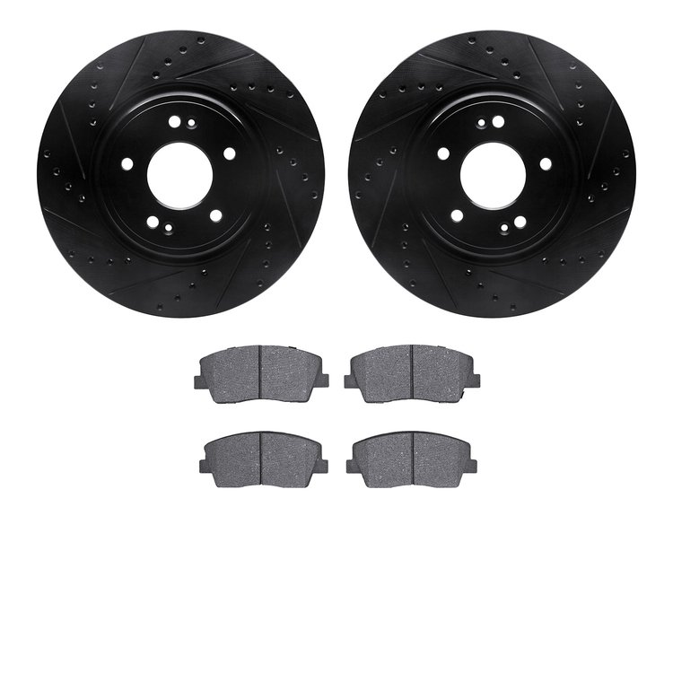 8502-21049 Drilled/Slotted Brake Rotors w/5000 Advanced Brake Pads Kit [Black], Fits Select Kia/Hyundai/Genesis, Position: Front