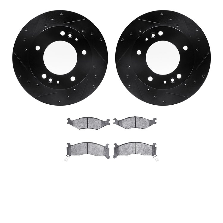 8502-21070 Drilled/Slotted Brake Rotors w/5000 Advanced Brake Pads Kit [Black], 1995-1997 Kia/Hyundai/Genesis, Position: Front