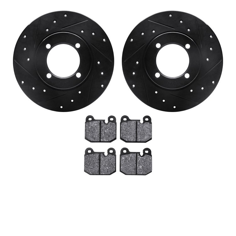 8502-22003 Drilled/Slotted Brake Rotors w/5000 Advanced Brake Pads Kit [Black], 1974-1974 Opel, Position: Front