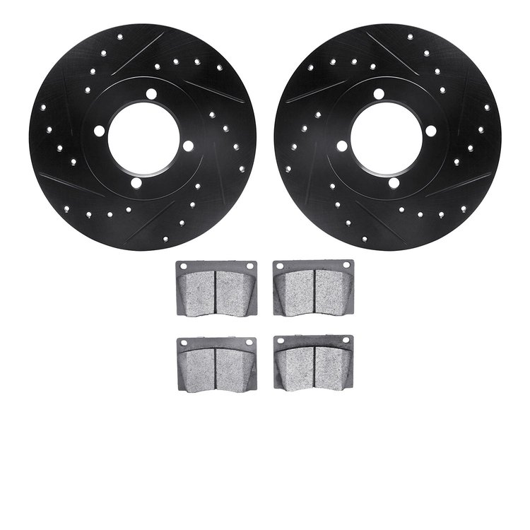 8502-22004 Drilled/Slotted Brake Rotors w/5000 Advanced Brake Pads Kit [Black], 1976-1979 Lotus, Position: Front