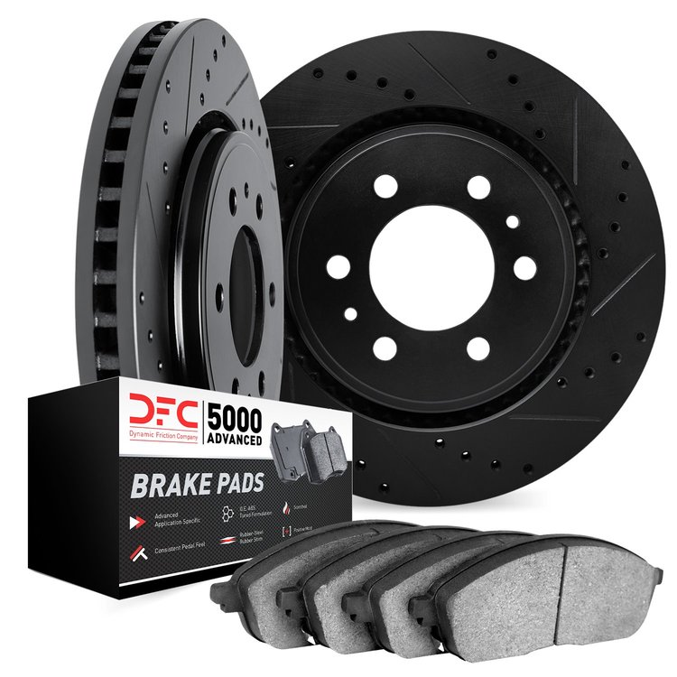 8502-23004 Drilled/Slotted Brake Rotors w/5000 Advanced Brake Pads Kit [Black], 1972-1979 Renault, Position: Front