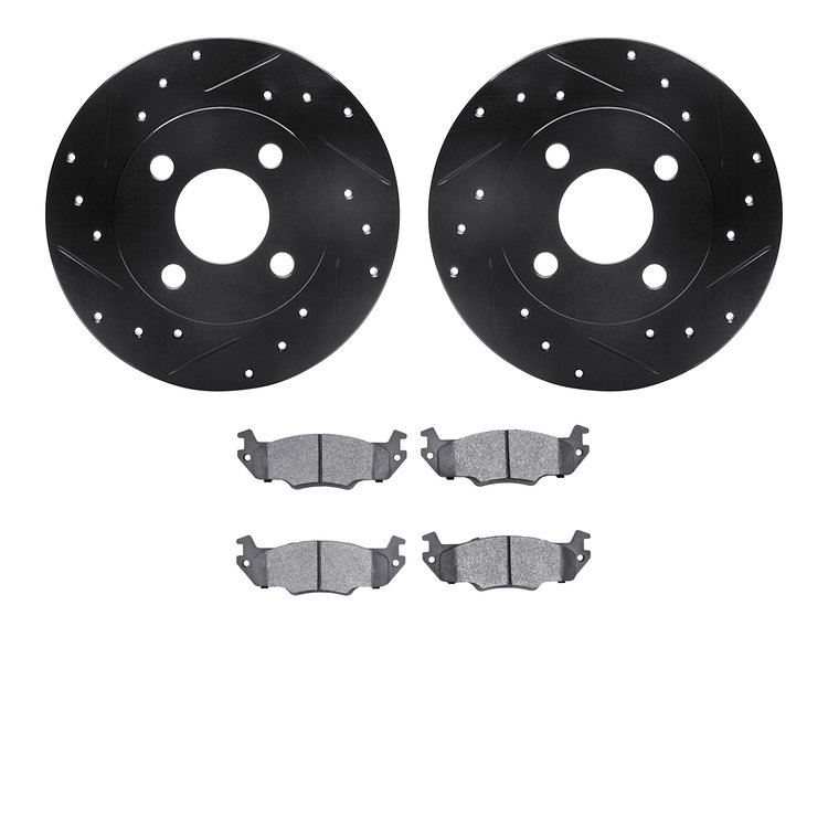 8502-23013 Drilled/Slotted Brake Rotors w/5000 Advanced Brake Pads Kit [Black], 1983-1987 Renault, Position: Front