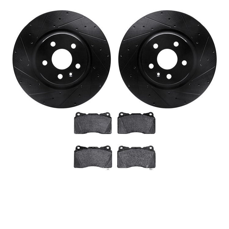 8502-26001 Drilled/Slotted Brake Rotors w/5000 Advanced Brake Pads Kit [Black], 2014-2021 Tesla, Position: Front