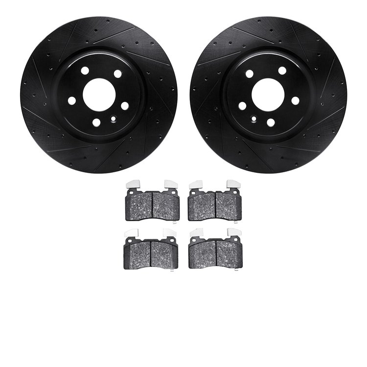 8502-26003 Drilled/Slotted Brake Rotors w/5000 Advanced Brake Pads Kit [Black], 2012-2013 Tesla, Position: Front