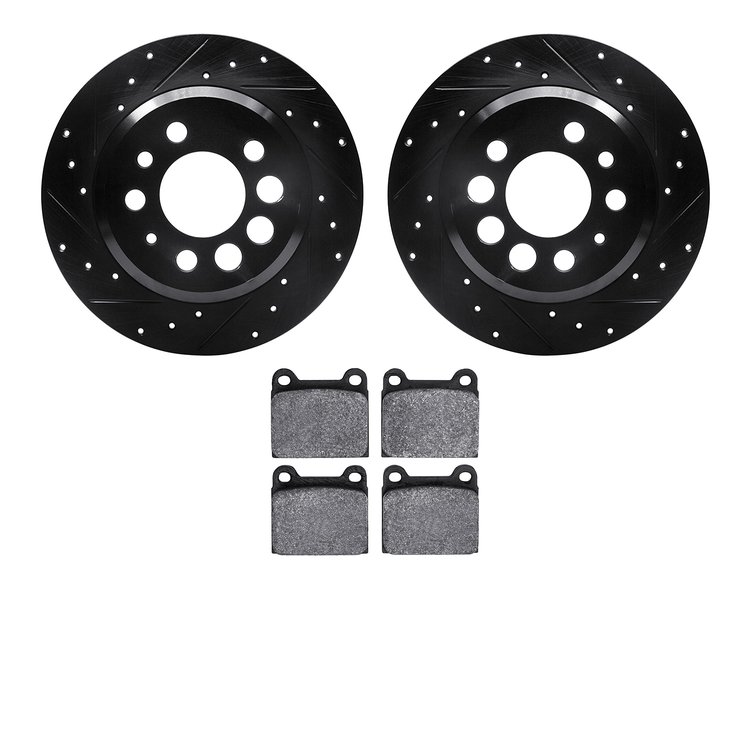 8502-27006 Drilled/Slotted Brake Rotors w/5000 Advanced Brake Pads Kit [Black], 1974-1997 Volvo, Position: Rear