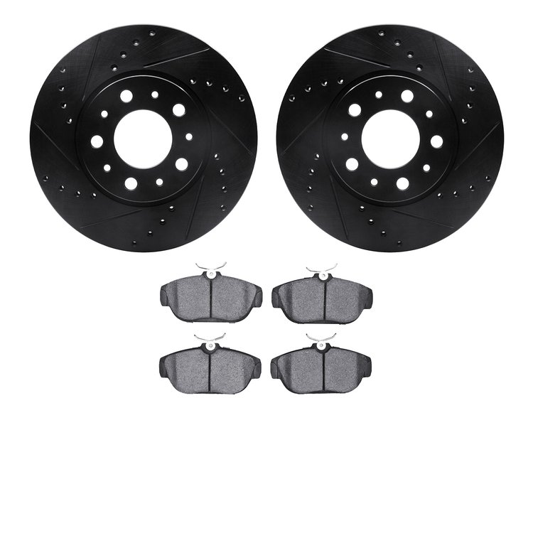 8502-27014 Drilled/Slotted Brake Rotors w/5000 Advanced Brake Pads Kit [Black], 1991-1995 Volvo, Position: Front