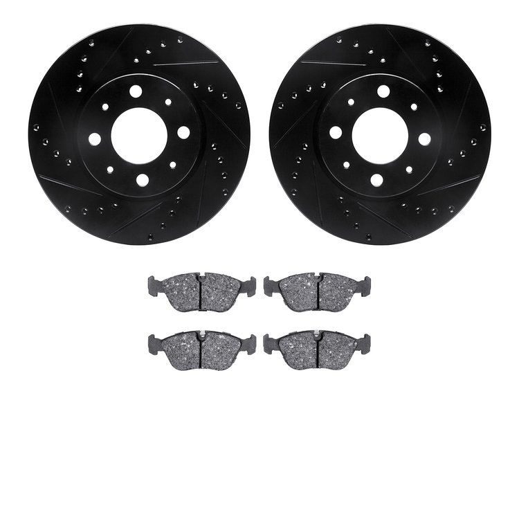 8502-27015 Drilled/Slotted Brake Rotors w/5000 Advanced Brake Pads Kit [Black], 1993-1995 Volvo, Position: Front