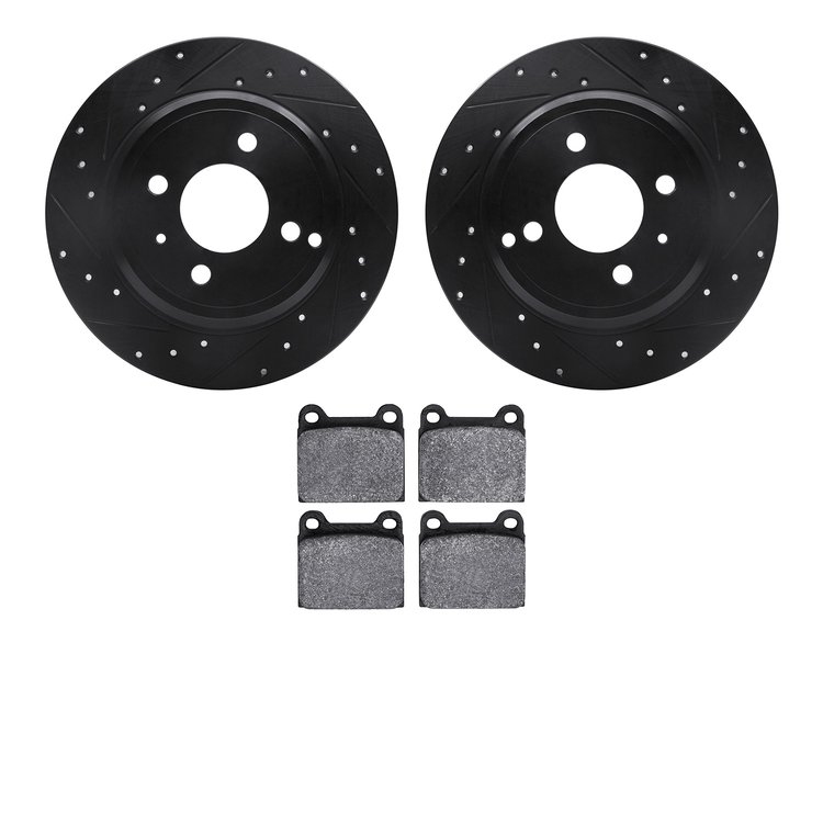 8502-27016 Drilled/Slotted Brake Rotors w/5000 Advanced Brake Pads Kit [Black], 1993-1995 Volvo, Position: Rear