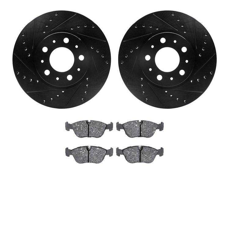 8502-27018 Drilled/Slotted Brake Rotors w/5000 Advanced Brake Pads Kit [Black], 1996-2000 Volvo, Position: Front