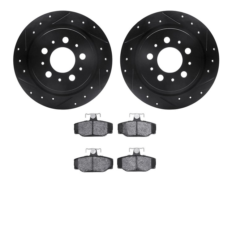 8502-27022 Drilled/Slotted Brake Rotors w/5000 Advanced Brake Pads Kit [Black], 1997-1998 Volvo, Position: Rear