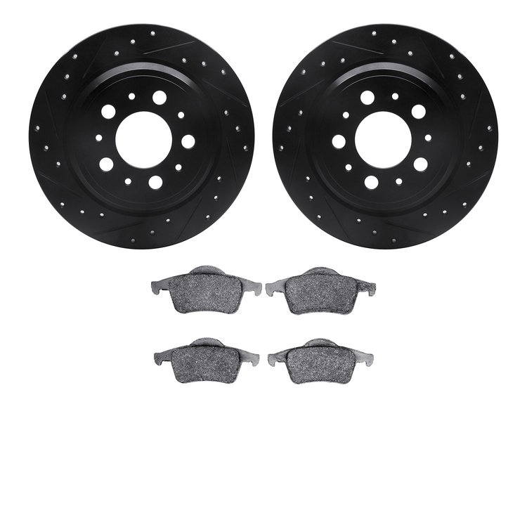 8502-27025 Drilled/Slotted Brake Rotors w/5000 Advanced Brake Pads Kit [Black], 1999-2009 Volvo, Position: Rear