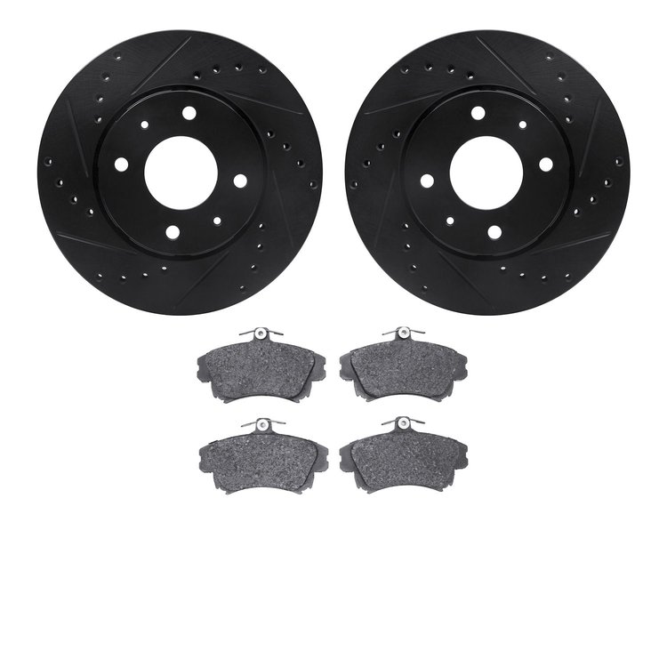 8502-27026 Drilled/Slotted Brake Rotors w/5000 Advanced Brake Pads Kit [Black], 2000-2004 Volvo, Position: Front