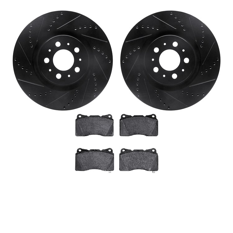 8502-27032 Drilled/Slotted Brake Rotors w/5000 Advanced Brake Pads Kit [Black], 2004-2007 Volvo, Position: Front