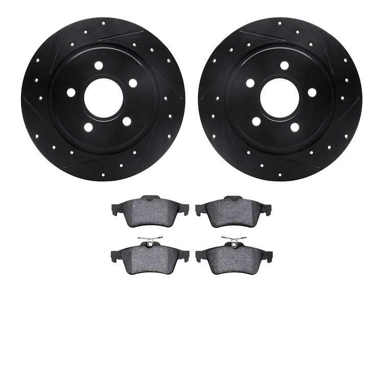 8502-27035 Drilled/Slotted Brake Rotors w/5000 Advanced Brake Pads Kit [Black], 2004-2013 Volvo, Position: Rear