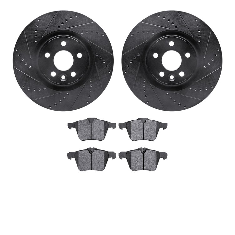 8502-27041 Drilled/Slotted Brake Rotors w/5000 Advanced Brake Pads Kit [Black], 2007-2016 Volvo, Position: Front