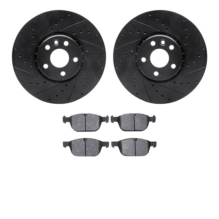 8502-27045 Drilled/Slotted Brake Rotors w/5000 Advanced Brake Pads Kit [Black], 2010-2016 Volvo, Position: Front