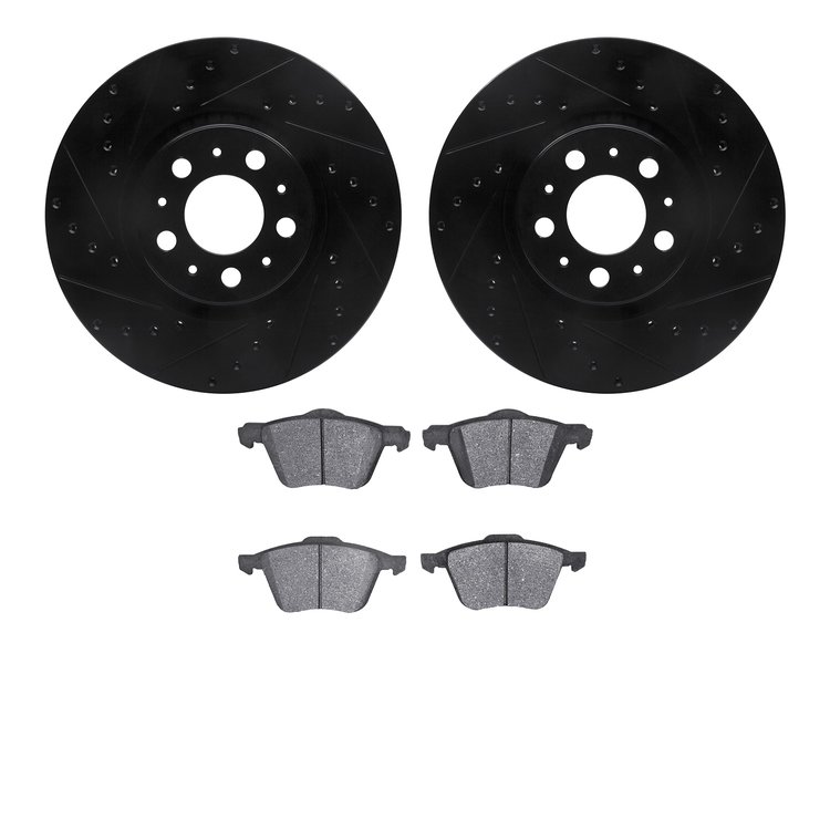 8502-27052 Drilled/Slotted Brake Rotors w/5000 Advanced Brake Pads Kit [Black], 2003-2009 Volvo, Position: Front