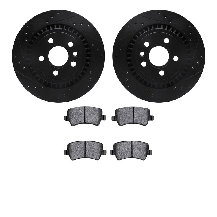 8502-27061 Drilled/Slotted Brake Rotors w/5000 Advanced Brake Pads Kit [Black], 2008-2018 Volvo, Position: Rear