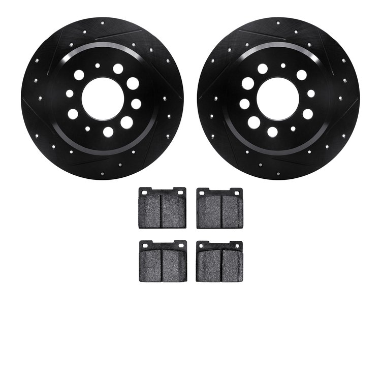 8502-27072 Drilled/Slotted Brake Rotors w/5000 Advanced Brake Pads Kit [Black], 1967-1974 Volvo, Position: Rear
