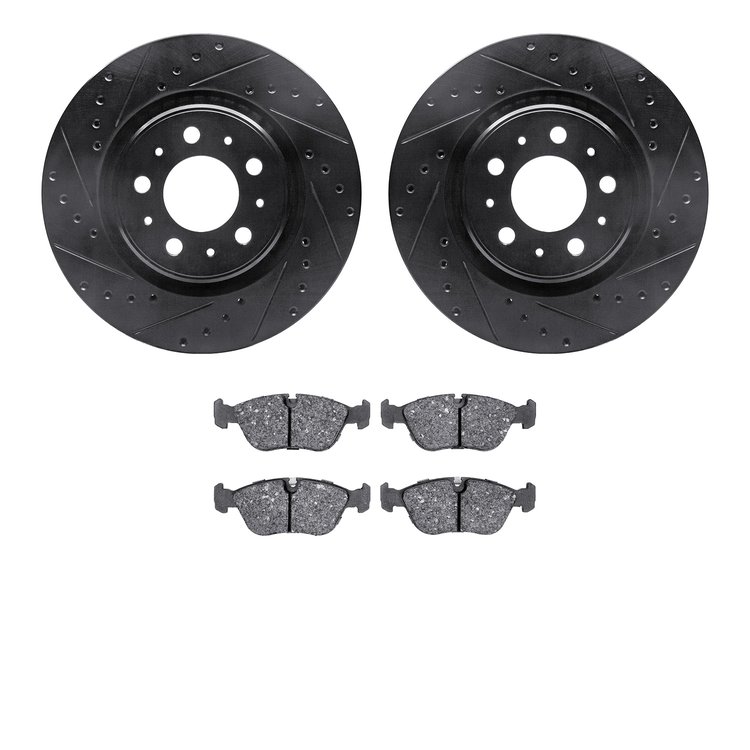 8502-27173 Drilled/Slotted Brake Rotors w/5000 Advanced Brake Pads Kit [Black], 1998-2004 Volvo, Position: Front