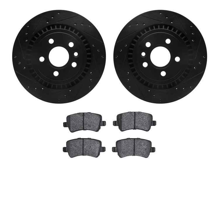 8502-27329 Drilled/Slotted Brake Rotors w/5000 Advanced Brake Pads Kit [Black], 2016-2018 Volvo, Position: Rear