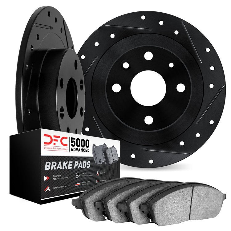 8502-28003 Drilled/Slotted Brake Rotors w/5000 Advanced Brake Pads Kit [Black], 1980-1989 Peugeot, Position: Front