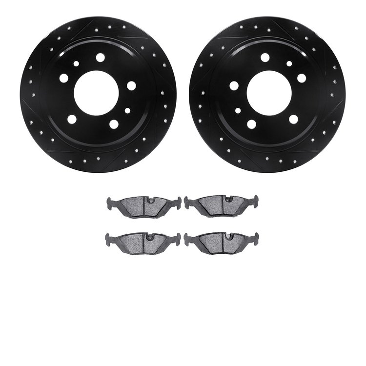 8502-31016 Drilled/Slotted Brake Rotors w/5000 Advanced Brake Pads Kit [Black], 1982-1989 BMW, Position: Rear
