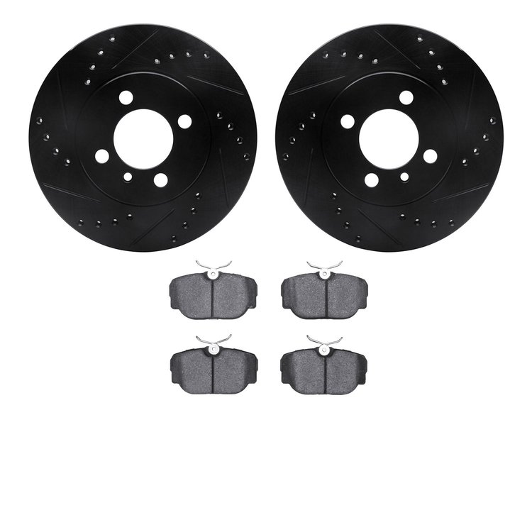 8502-31018 Drilled/Slotted Brake Rotors w/5000 Advanced Brake Pads Kit [Black], 1984-1991 BMW, Position: Front