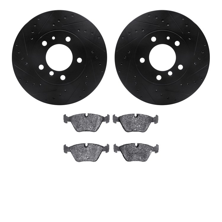 8502-31021 Drilled/Slotted Brake Rotors w/5000 Advanced Brake Pads Kit [Black], 1987-1995 BMW, Position: Front