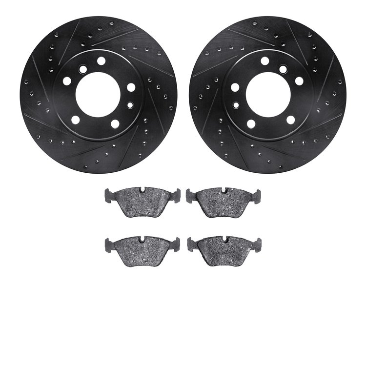 8502-31024 Drilled/Slotted Brake Rotors w/5000 Advanced Brake Pads Kit [Black], 1989-1995 BMW, Position: Front