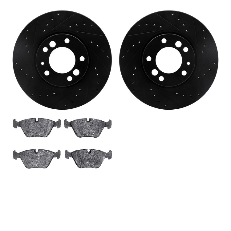 8502-31032 Drilled/Slotted Brake Rotors w/5000 Advanced Brake Pads Kit [Black], 1991-1993 BMW, Position: Front