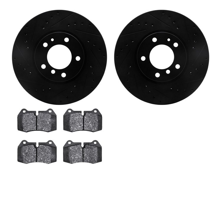 8502-31034 Drilled/Slotted Brake Rotors w/5000 Advanced Brake Pads Kit [Black], 1993-1997 BMW, Position: Front