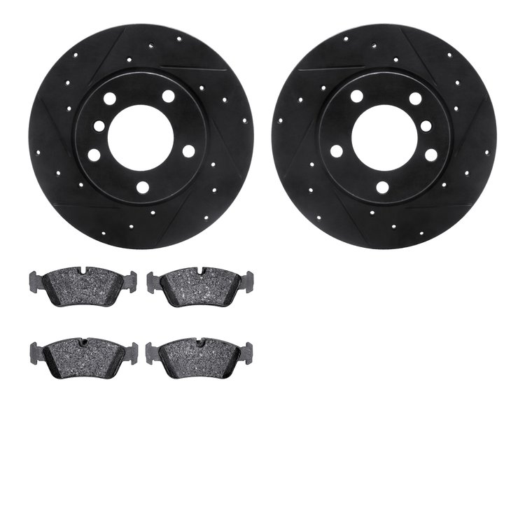 8502-31036 Drilled/Slotted Brake Rotors w/5000 Advanced Brake Pads Kit [Black], 1995-1998 BMW, Position: Front