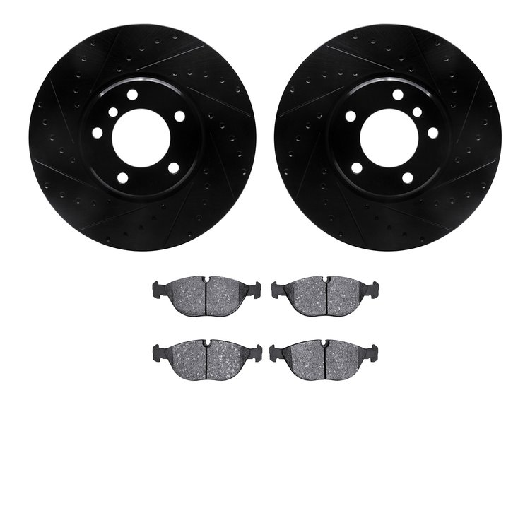 8502-31038 Drilled/Slotted Brake Rotors w/5000 Advanced Brake Pads Kit [Black], 1995-2001 BMW, Position: Front