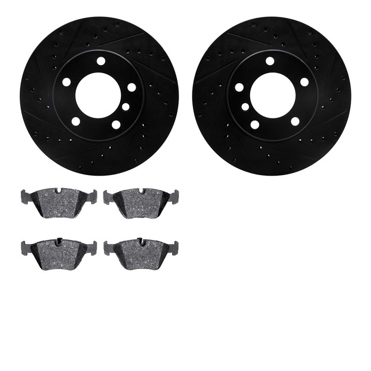 8502-31041 Drilled/Slotted Brake Rotors w/5000 Advanced Brake Pads Kit [Black], 1996-2003 BMW, Position: Front