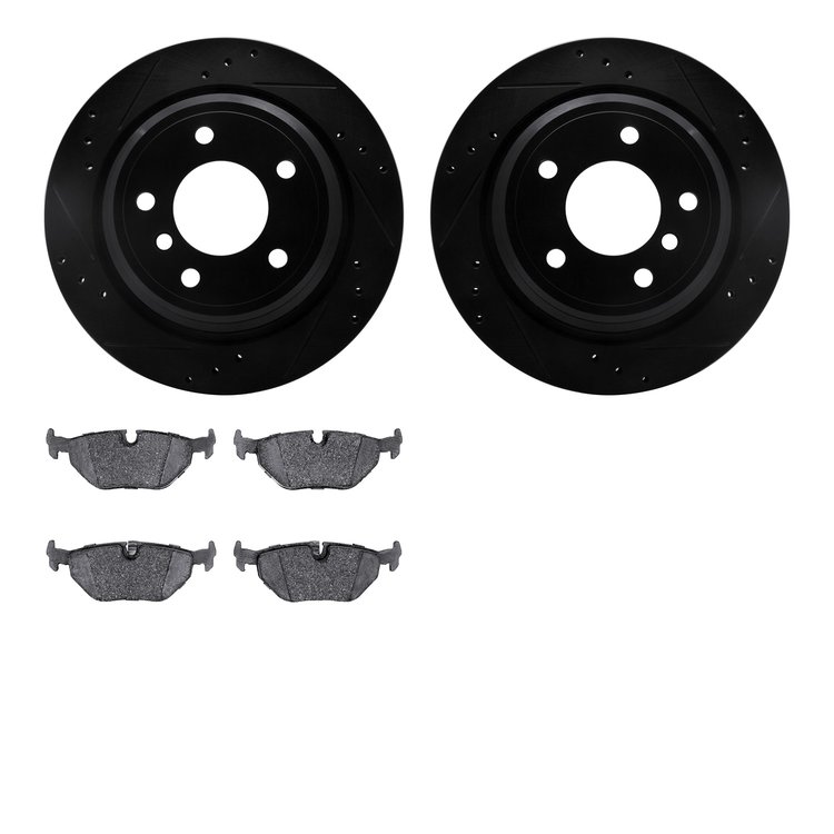 8502-31042 Drilled/Slotted Brake Rotors w/5000 Advanced Brake Pads Kit [Black], 1996-2003 BMW, Position: Rear