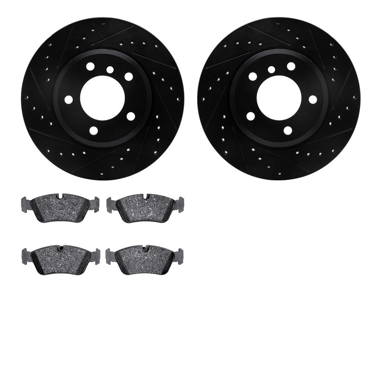 8502-31044 Drilled/Slotted Brake Rotors w/5000 Advanced Brake Pads Kit [Black], 1999-2008 BMW, Position: Front
