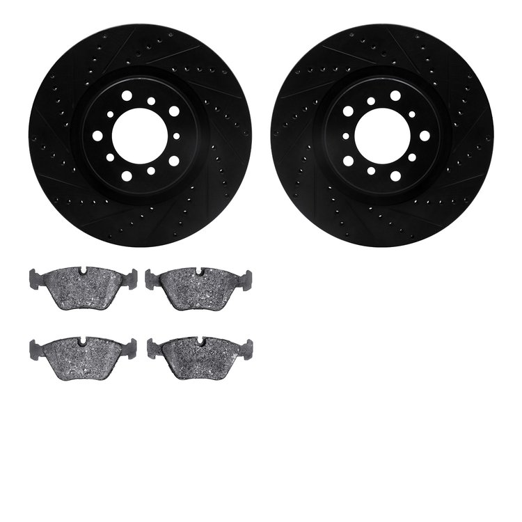 8502-31051 Drilled/Slotted Brake Rotors w/5000 Advanced Brake Pads Kit [Black], 2001-2005 BMW, Position: Front