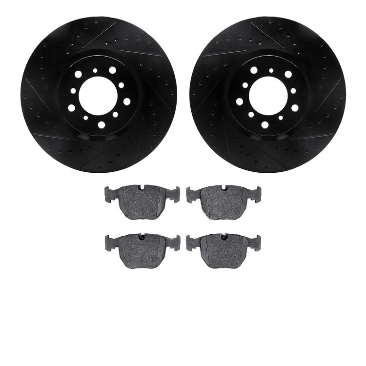 8502-31053 Drilled/Slotted Brake Rotors w/5000 Advanced Brake Pads Kit [Black], 2000-2003 BMW, Position: Front