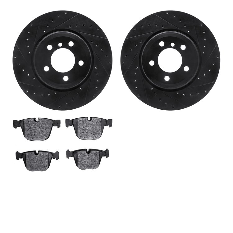 8502-31071 Drilled/Slotted Brake Rotors w/5000 Advanced Brake Pads Kit [Black], 2005-2008 BMW, Position: Rear