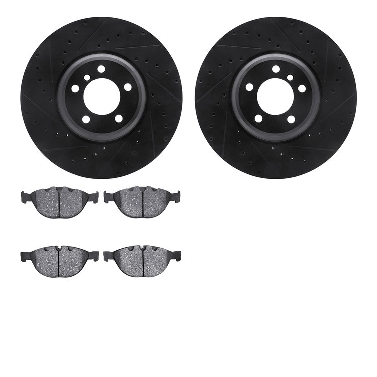 8502-31075 Drilled/Slotted Brake Rotors w/5000 Advanced Brake Pads Kit [Black], 2007-2008 BMW, Position: Front