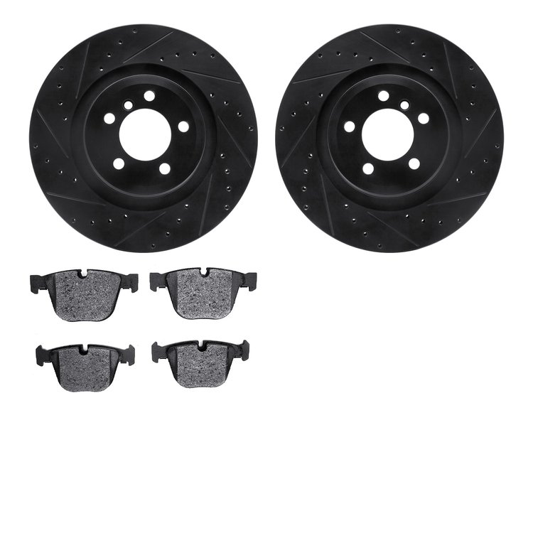 8502-31076 Drilled/Slotted Brake Rotors w/5000 Advanced Brake Pads Kit [Black], 2007-2008 BMW, Position: Rear