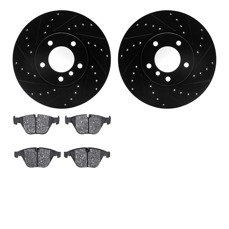 8502-31079 Drilled/Slotted Brake Rotors w/5000 Advanced Brake Pads Kit [Black], 2008-2015 BMW, Position: Front
