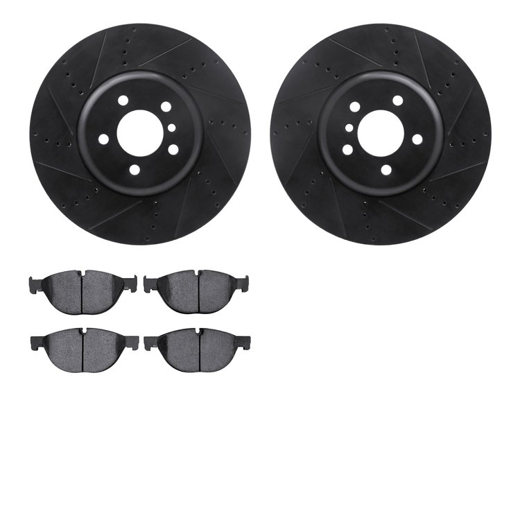 8502-31084 Drilled/Slotted Brake Rotors w/5000 Advanced Brake Pads Kit [Black], 2009-2017 BMW, Position: Front